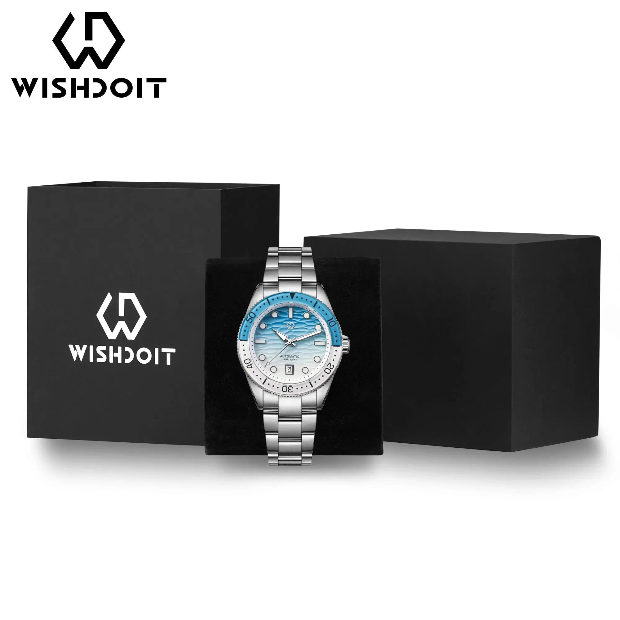 WISHDOIT men's automatic dive watch with ocean-blue ripple dial and stainless steel bracelet