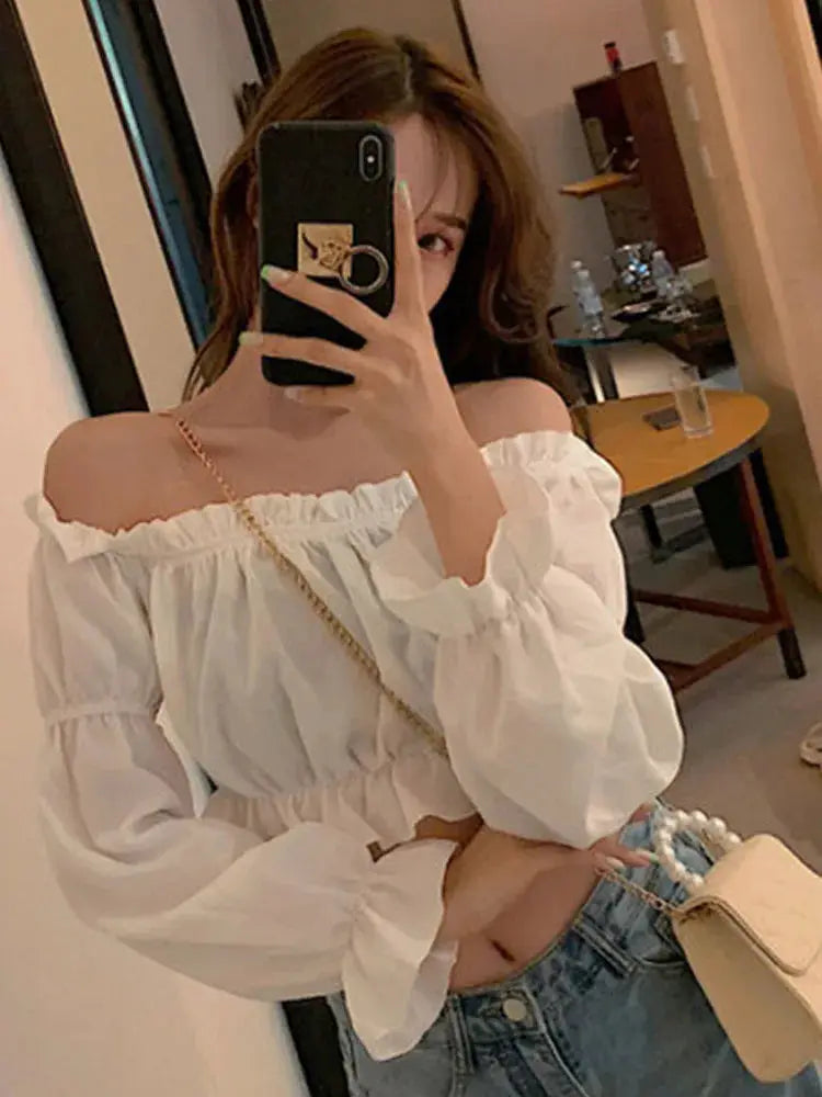 Women’s white off-shoulder puff-sleeve blouse, cropped long-sleeve top