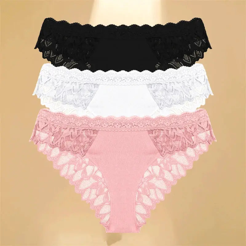 FINETOO 4-pack lace hollow-out low-waist briefs for women; black, white, gray, and pink floral lace.