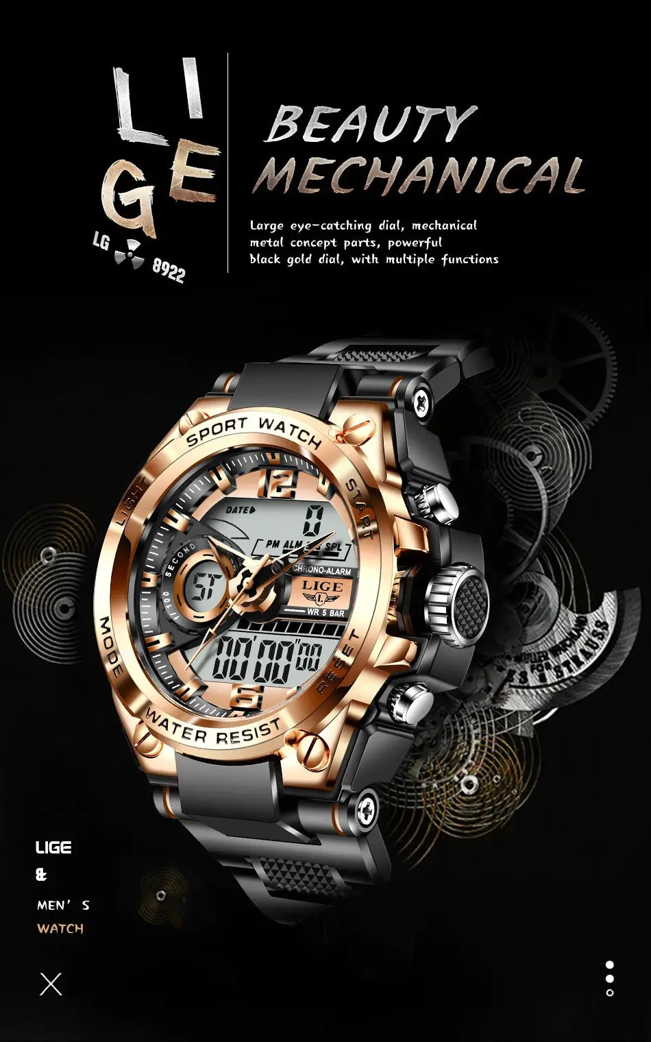 LIGE men's digital-analog sport watch with gold-tone bezel and black strap, 50m water resistant