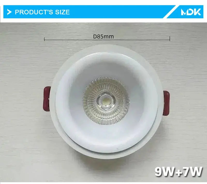 LED recessed downlight by Simples Market, white bezel, 85mm diameter, 9W, 3-color switchable.