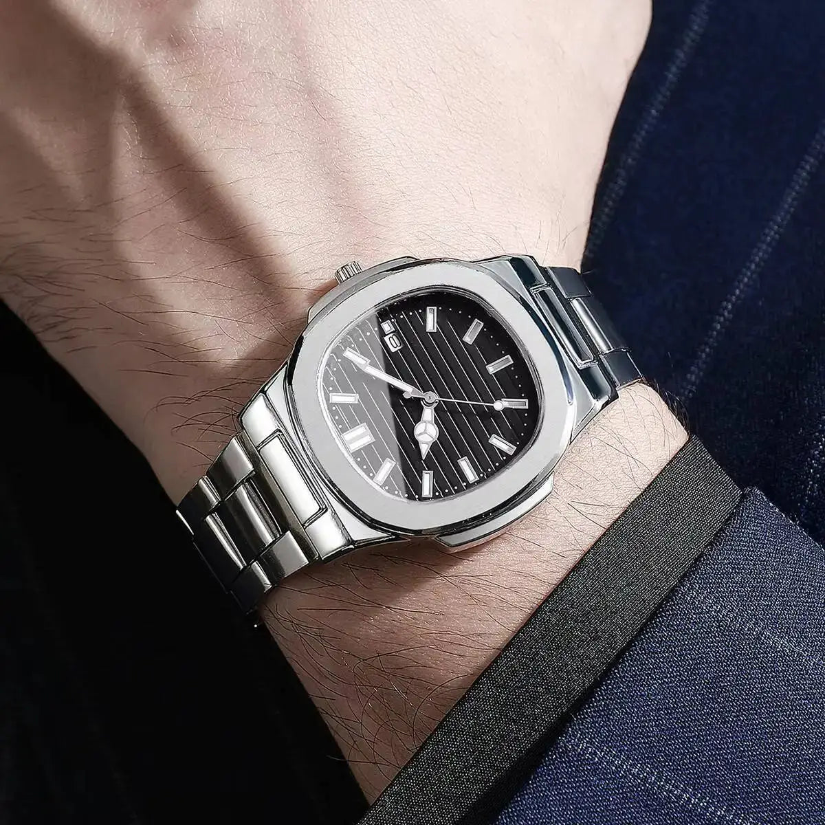 AuroraTime Luxury Square Dial Mens Business Watch Stainless Steel Strap Quartz Movement Calendar