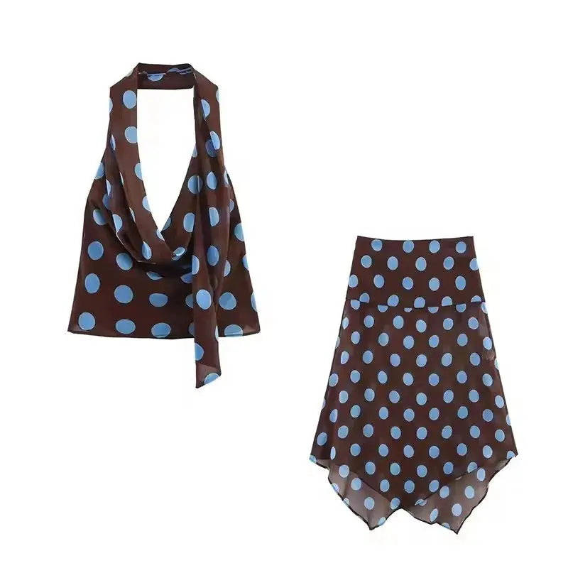 Polka Dot Midi Skirt Two Piece Set for Women Halter Top Beachwear 2026