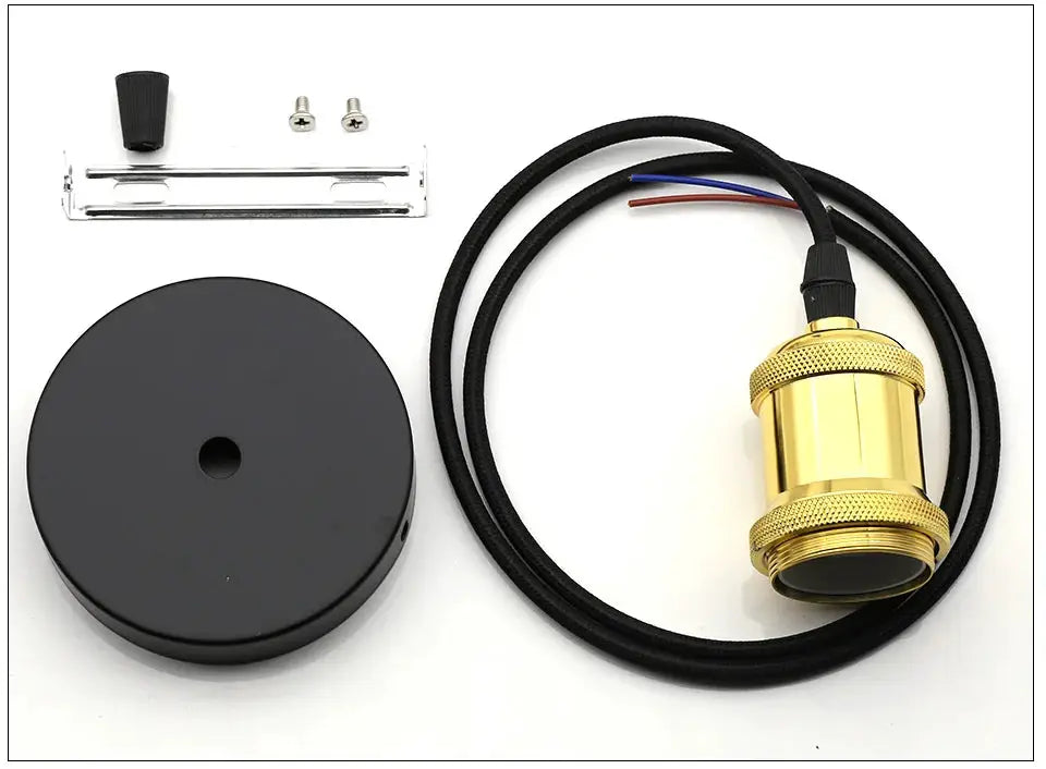 Simples Market aluminum pendant light kit with gold E27 socket, black cord and round black canopy with mounting hardware