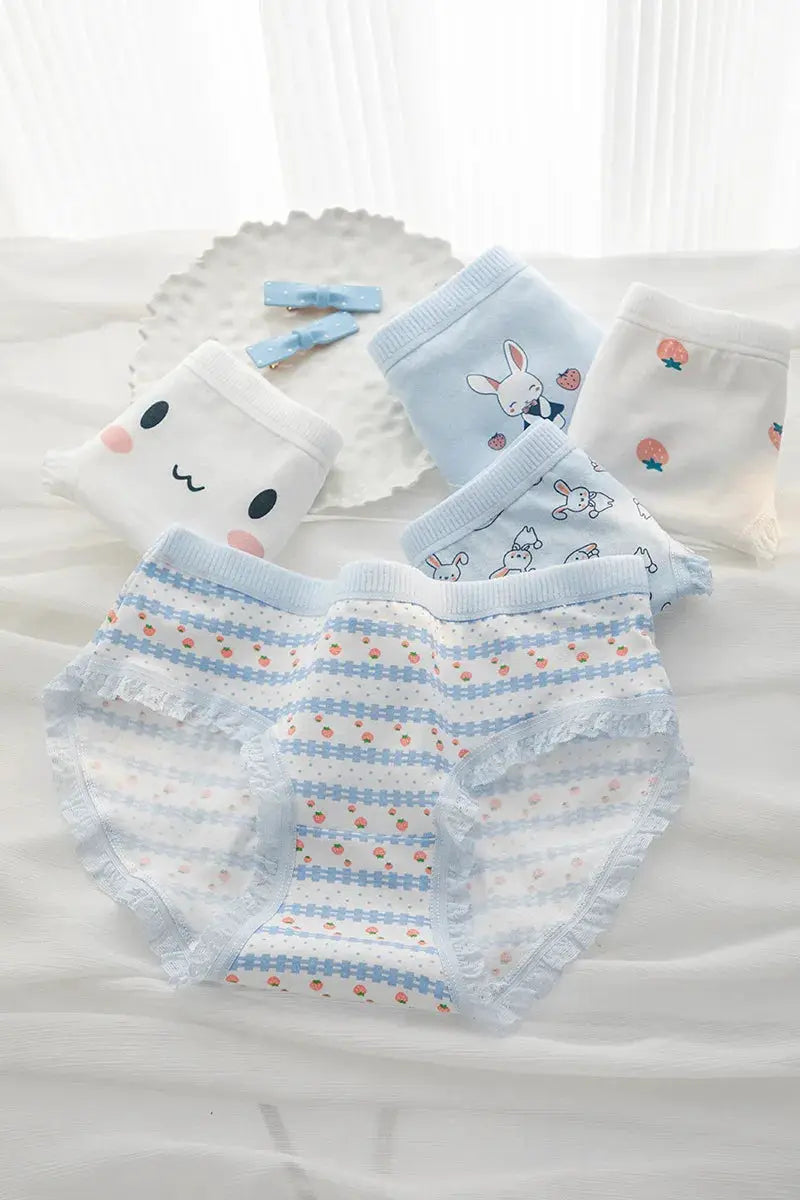 5-pack girls' cotton underwear set with rabbit and strawberry prints in blue and white