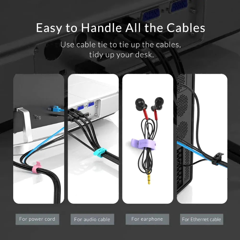 Simples Market silicone cable ties set for cord management; reusable straps for power, audio, earphone and Ethernet cables.