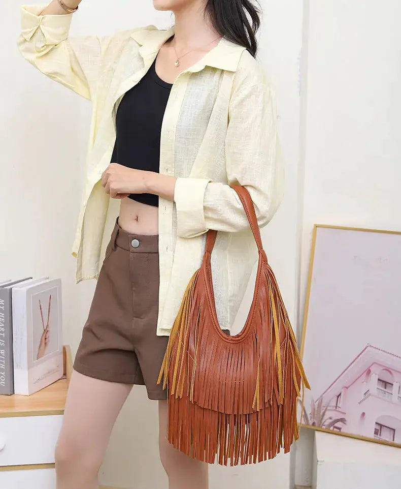 Long tassels women handbag by Simples Market; brown PU leather fringe shoulder bag