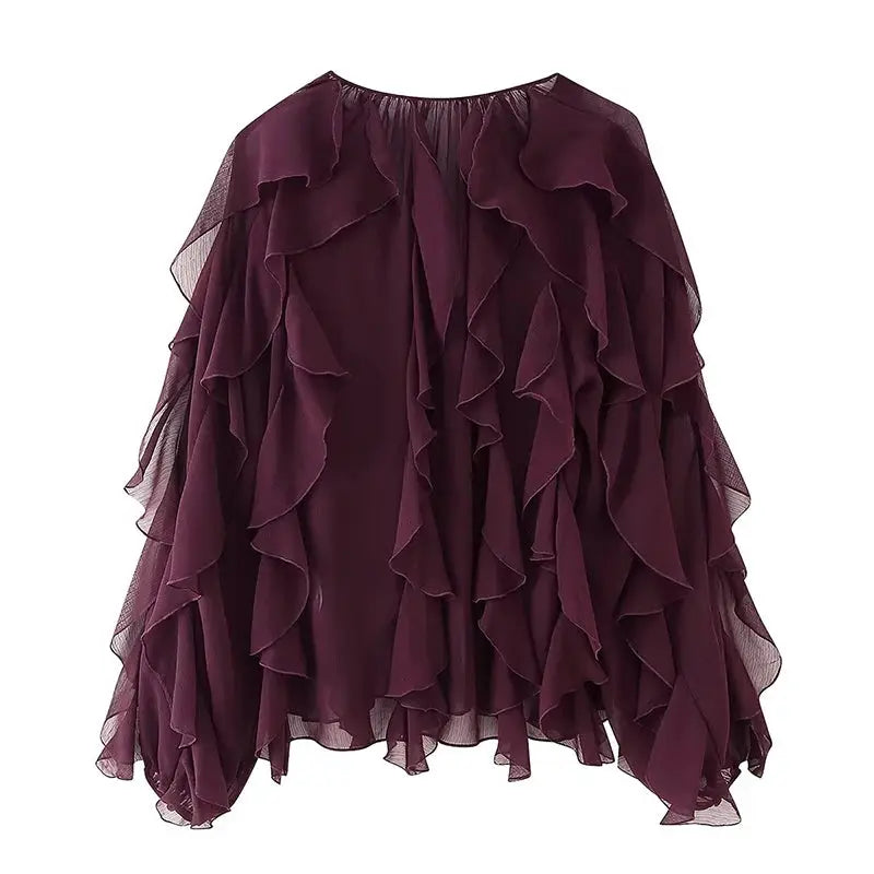Women's burgundy semi-sheer ruffle blouse with long sleeves, V-neck and front buttons