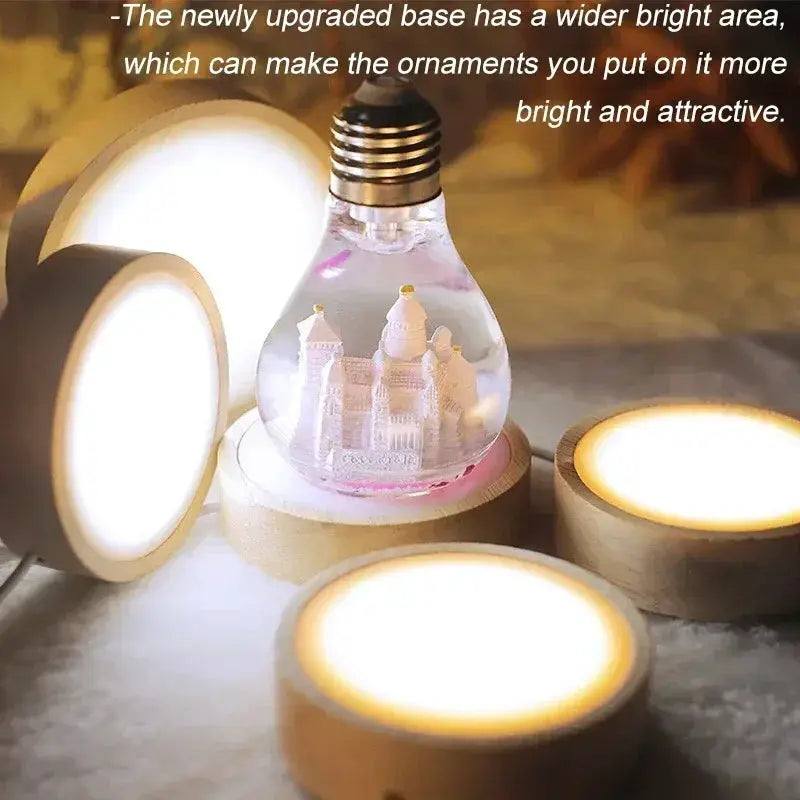 Round natural-wood LED night light base with 3D castle glass ball, 1–4 pcs, 6/8/10 cm