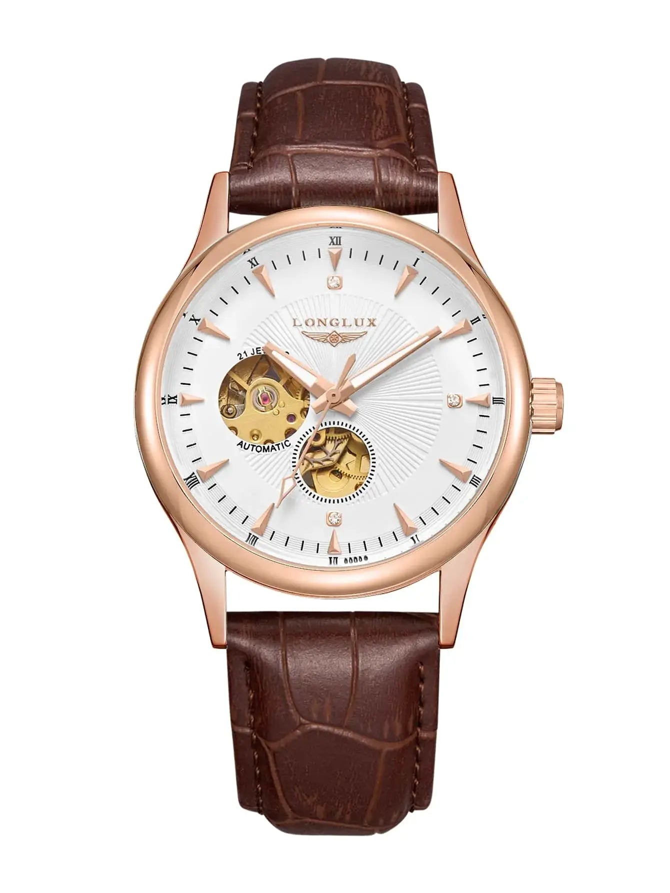 LONGLUX automatic skeleton watch with rose-gold case and brown leather strap