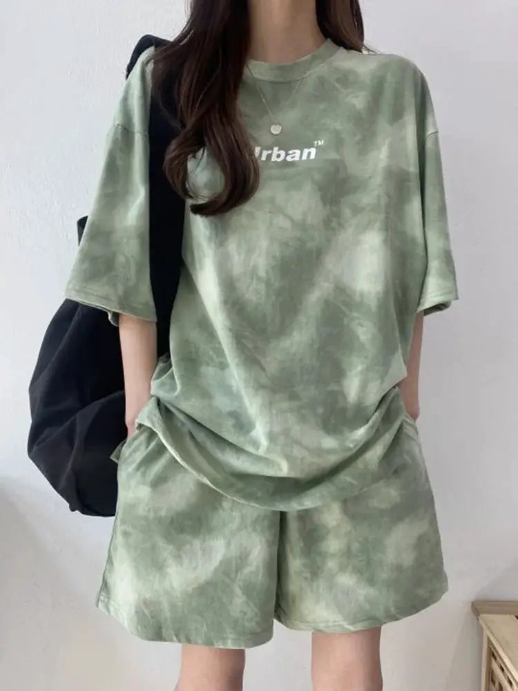 Women Tie Dye T Shirt And Wide Leg Shorts Set With Pockets Plus Size