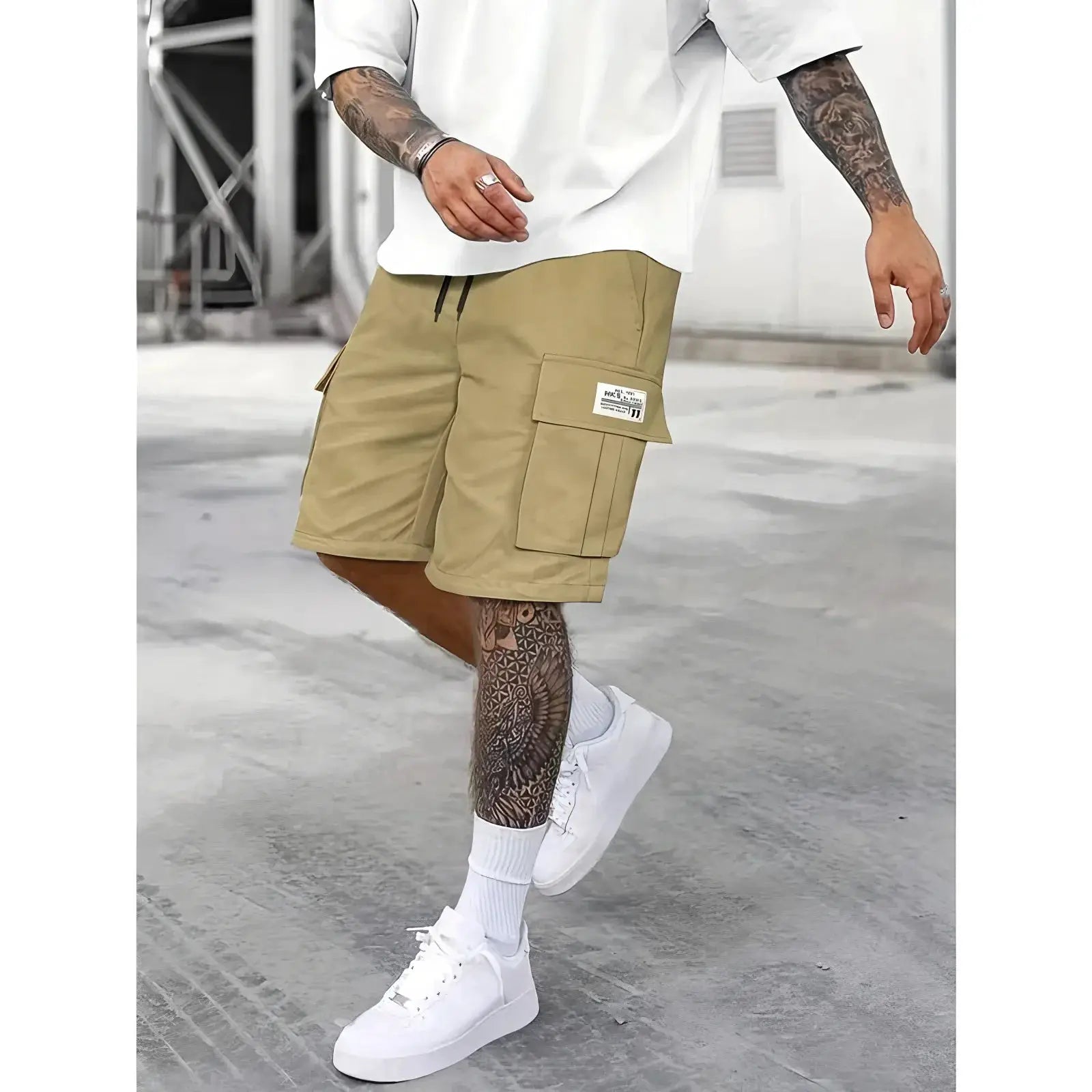 Men's work shorts by Simples Market, tan cargo shorts with multi-pocket design and elastic waistband