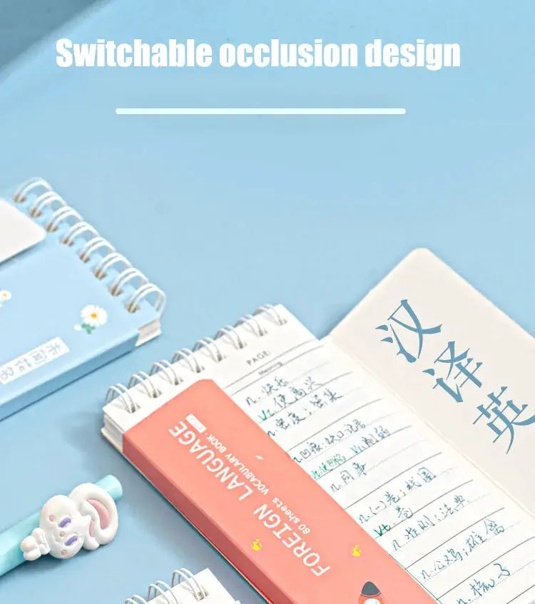 Cute English word notebook set with spiral-bound mini planners; blue and pink covers, includes a gel pen