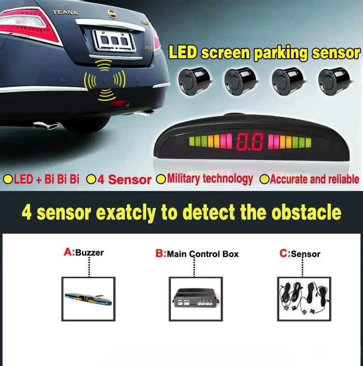Simples Market car reverse radar kit with 4 sensors, LED distance display, and sound warning