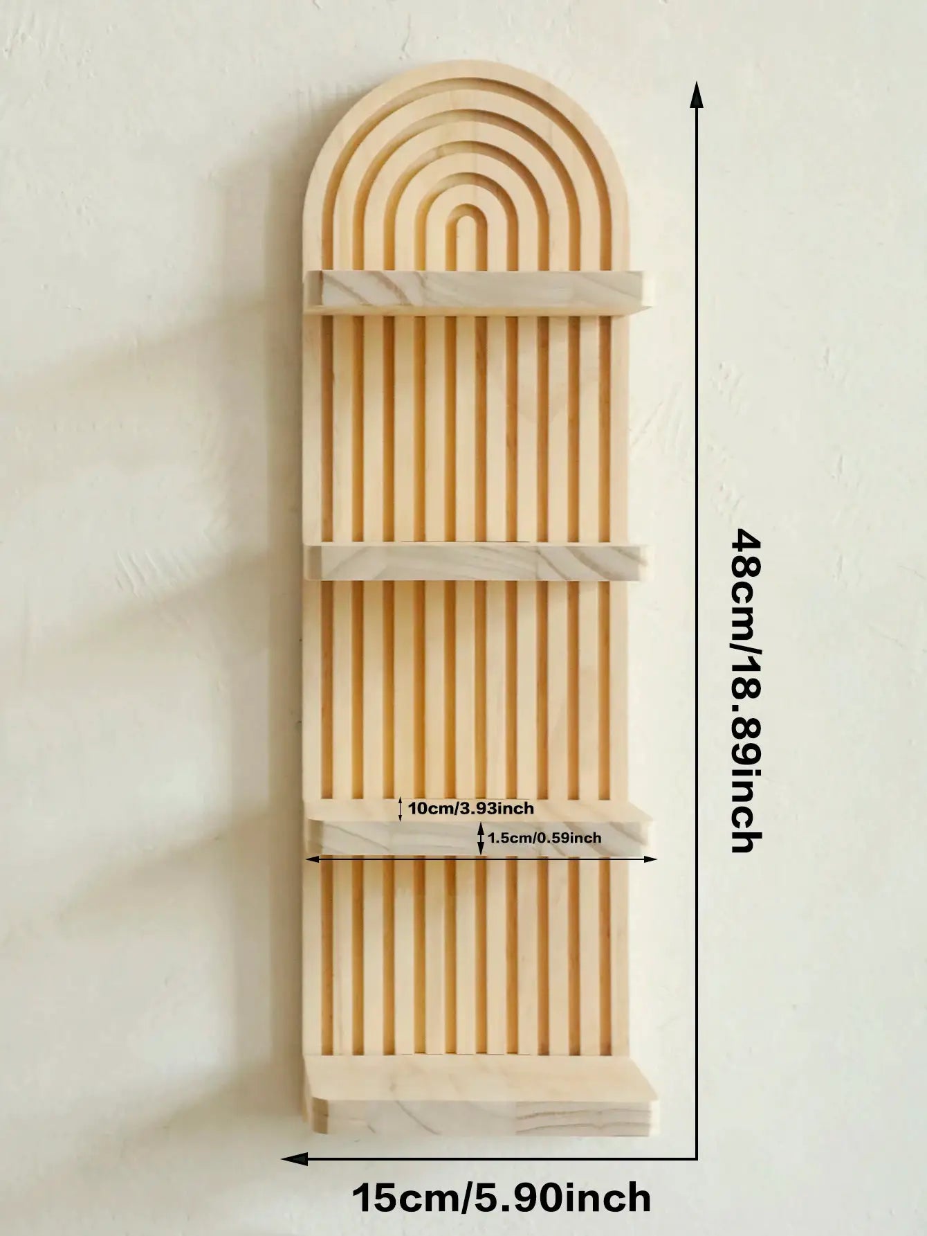 1pc boho-style wooden wall shelf with arched top and vertical slats in natural wood finish