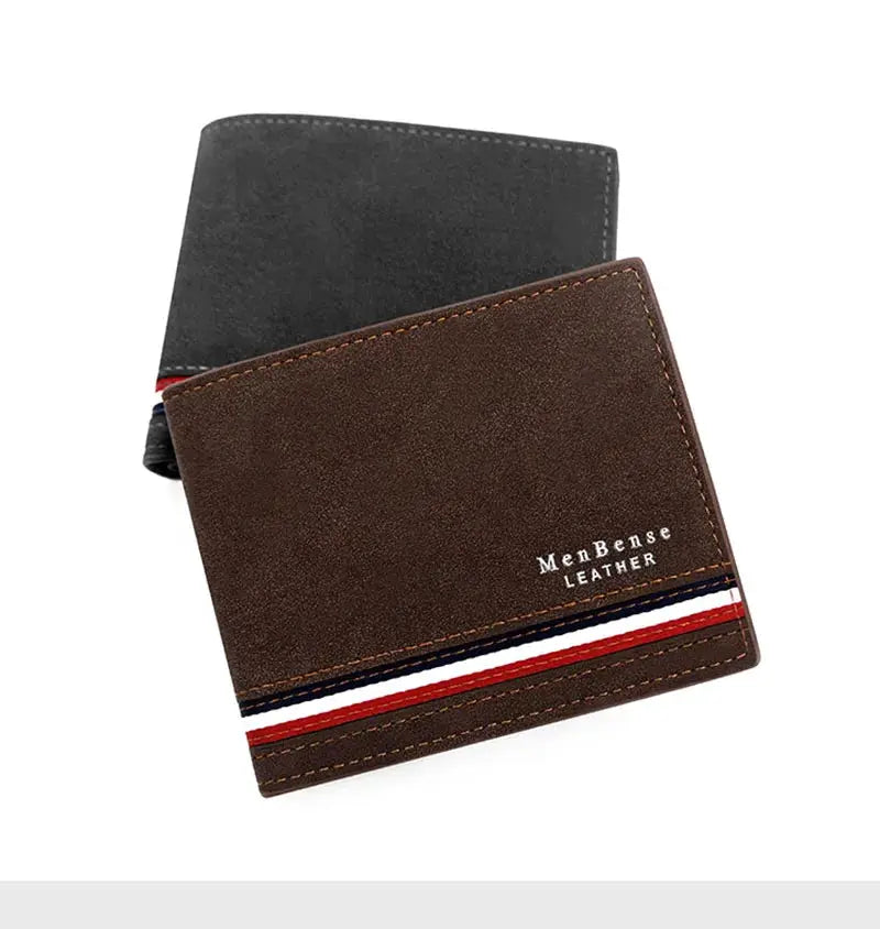 2 slim brown leather men's wallets with red-white-navy stripe detail, black wallet in back