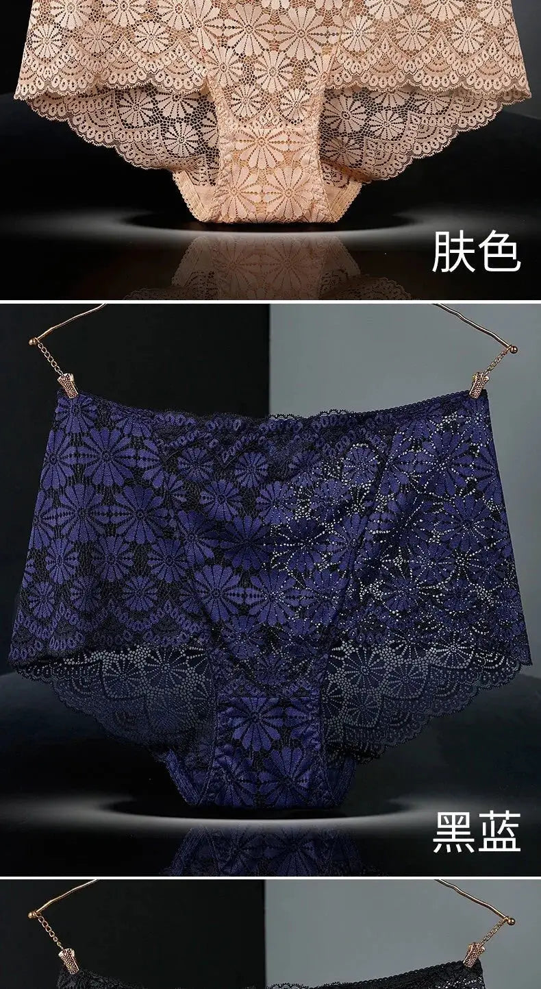 Women's high-waisted lace panties in peach, blue, and black; hollow floral lace, plus-size underwear
