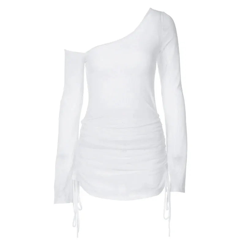 Solid Skew Collar Ruched Straps Lace Up See Through Draw String Mini Dress Summer 2025 Women Party Clubwear Wholesale