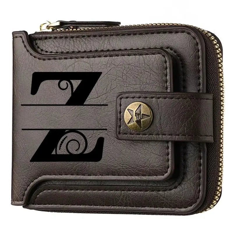Brown PU leather chain zip-around short wallet with buckle strap and bold black geometric pattern on front.