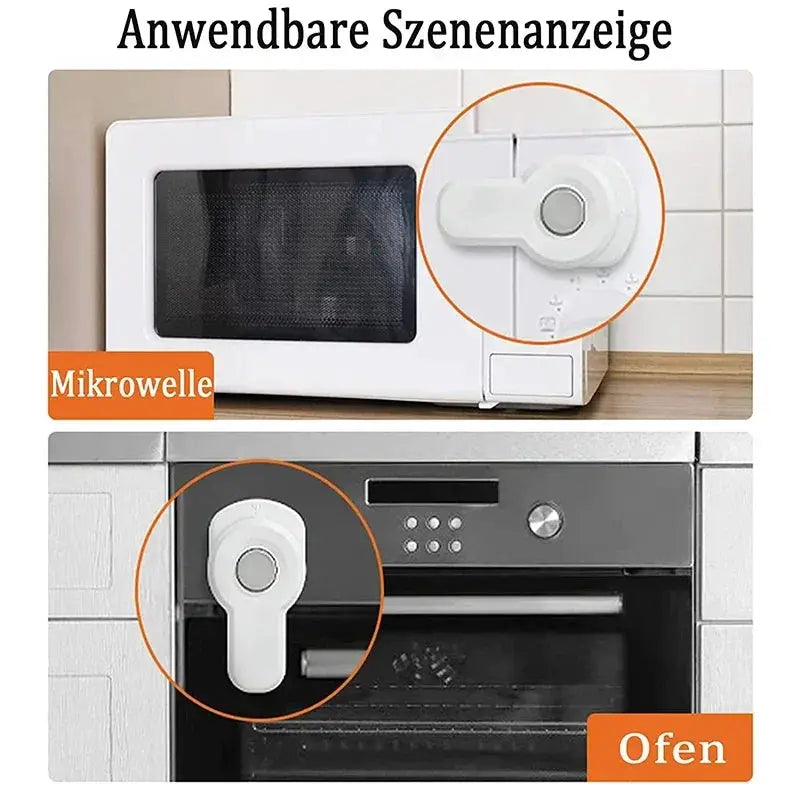 Baby oven door lock, white plastic anti-opening buckle; shown on microwave and oven.