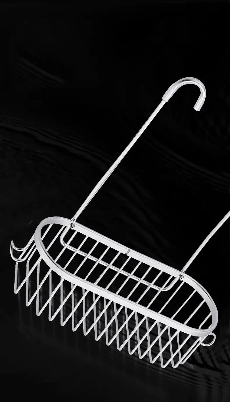 Shower caddy hanging organizer with wire basket and hooks, silver metal