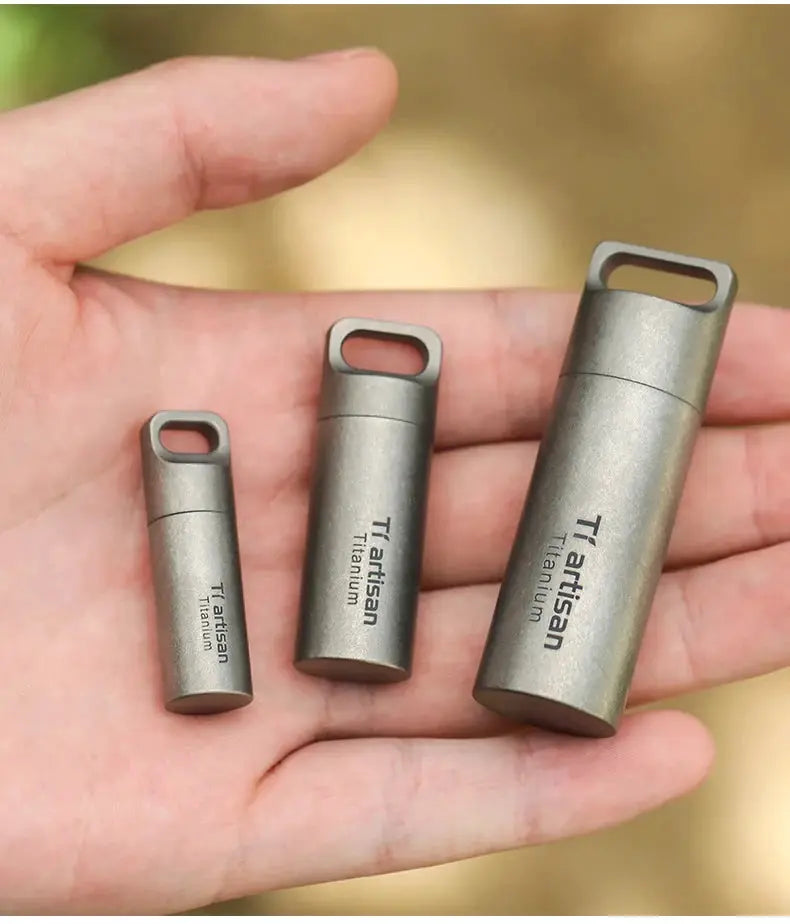 Tiartisan titanium mini pill containers by Simples Market; waterproof sealed EDC medicine bottles set of 3