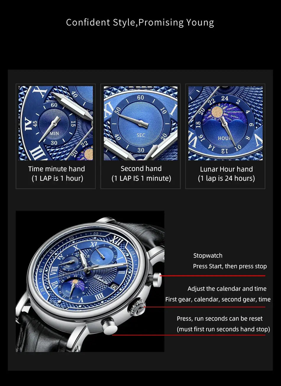 Chenxi 976 leather chronograph men's watch with blue dial and black leather strap