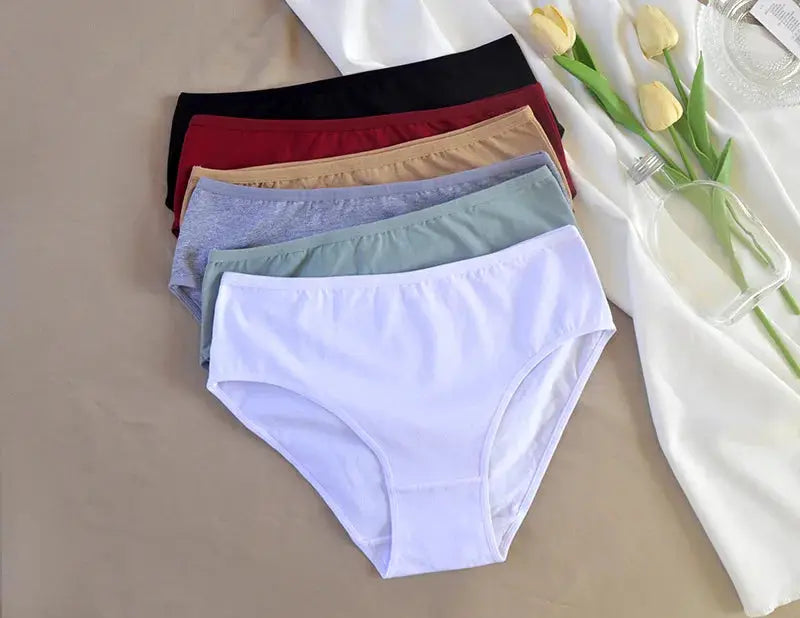Women's seamless cotton panties six-pack in assorted colors (black, red, beige, lavender, blue, green)