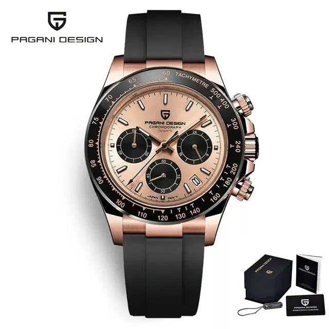 Pagani Design 40mm chronograph watch with rose-gold stainless steel case, black bezel and silicone strap; boxed set