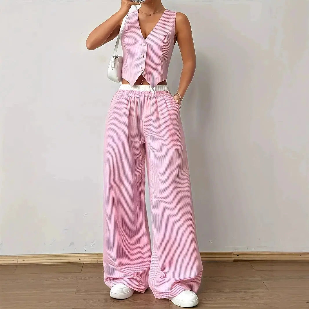 2025 Striped Sleeveless V Neck Vest and Color Wide Leg Pants Set