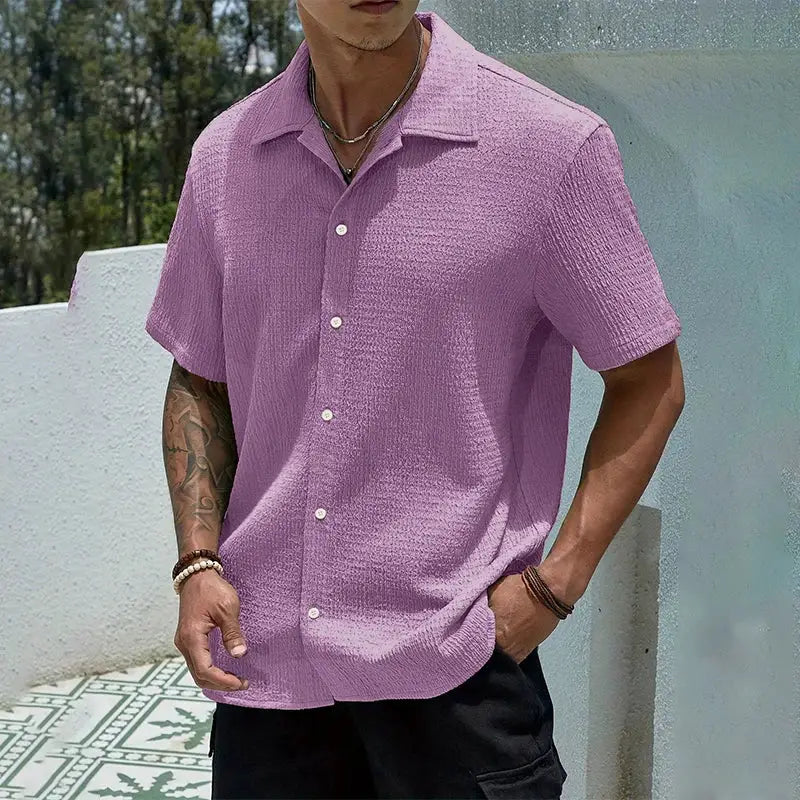 Men's purple textured short-sleeve shirt with white buttons, casual streetwear top