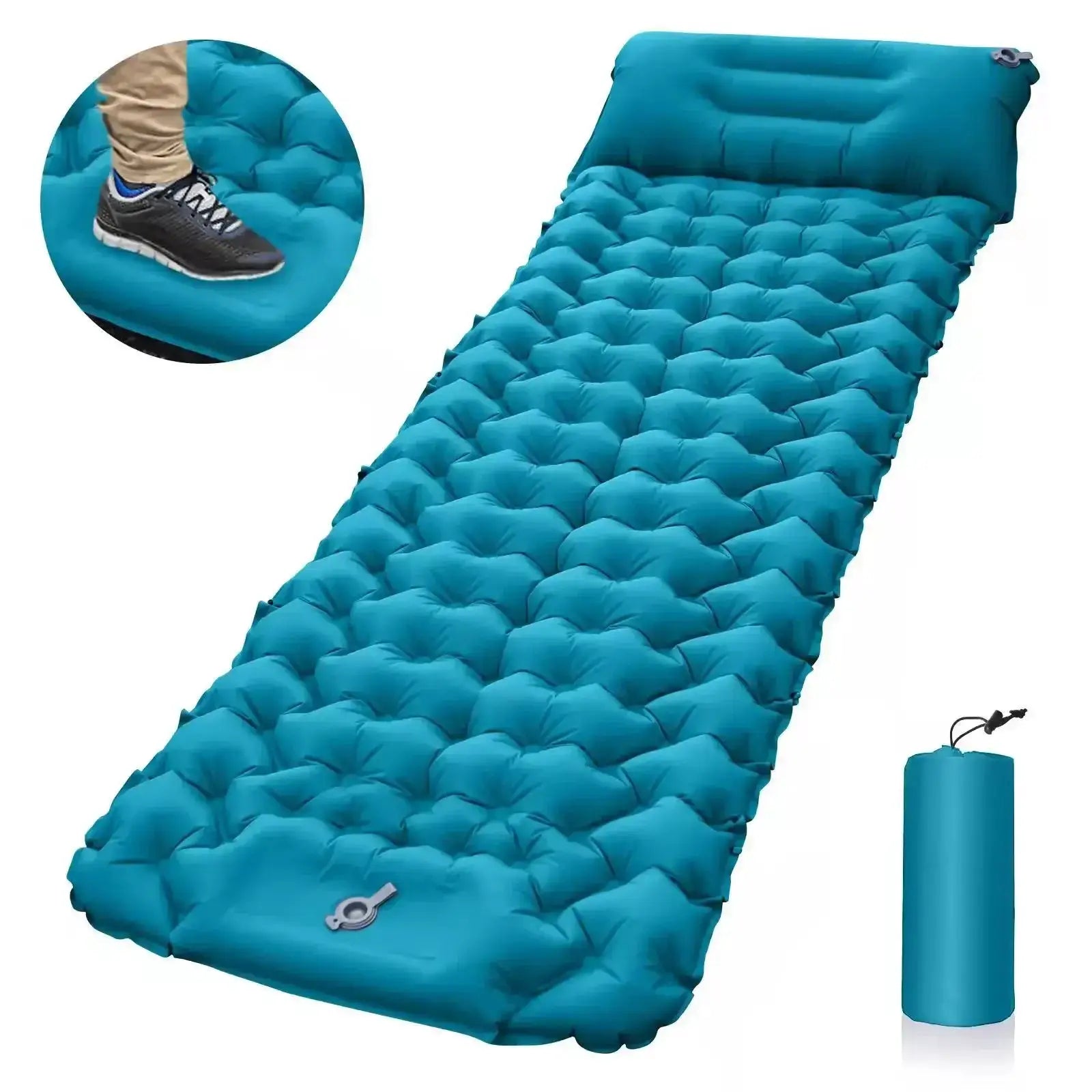 Camping outdoor sleeping pad inflatable mattress with pillow, ultralight turquoise air cushion