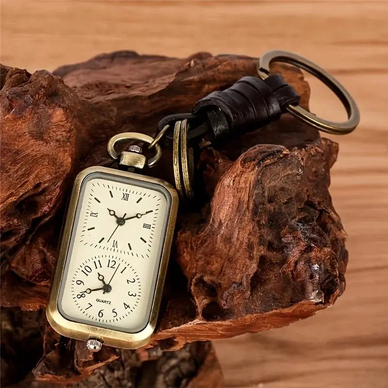 Bronze square pocket watch keychain with antique style retro double-dial quartz movement on leather strap
