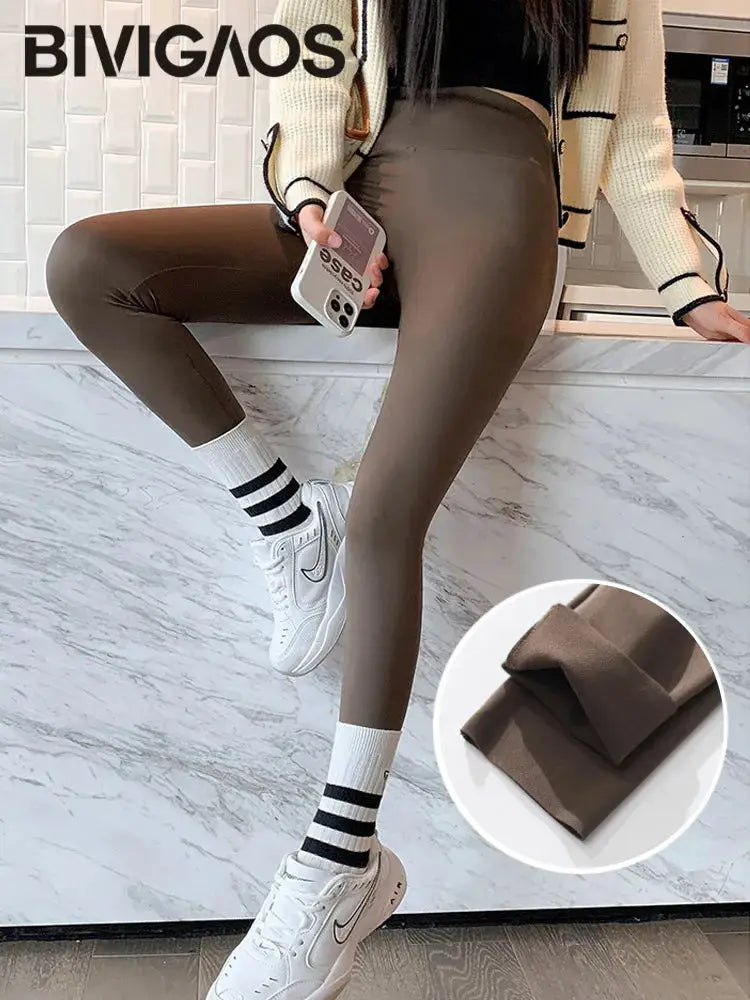 BIVIGAOS brown brushed shark leggings for women, high-waist, seamless, brushed interior, Simples Market