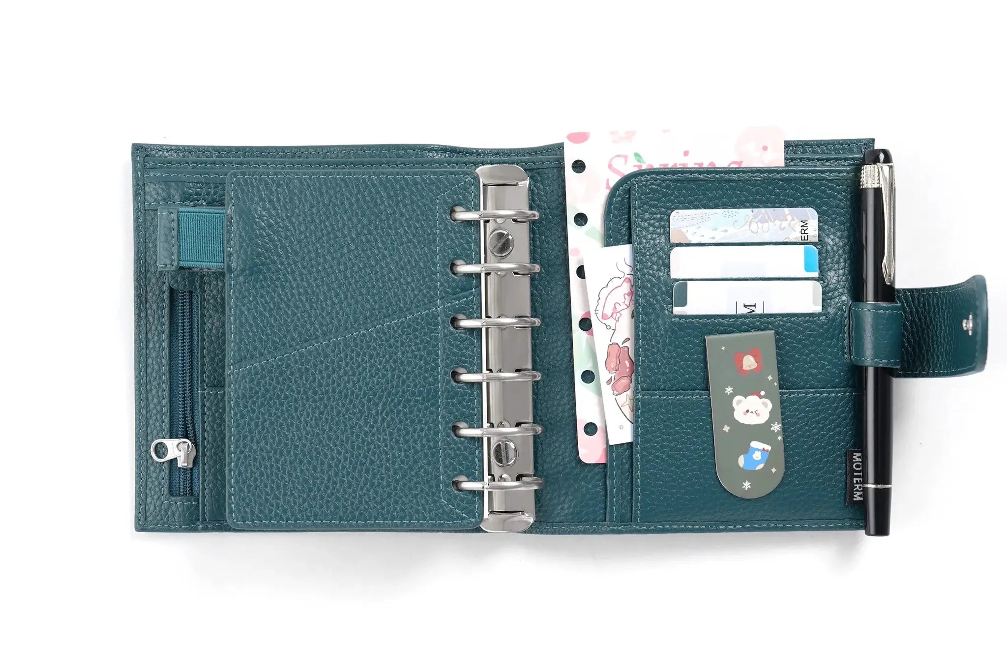 Moterm Luxe 2.0 Pocket Size Planner A7 teal pebbled leather with 30mm rings, card slots and pen by Simples Market