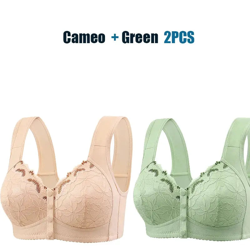 Lace-front closure soft cotton bra, extra large, peach and sage green, 2-piece set