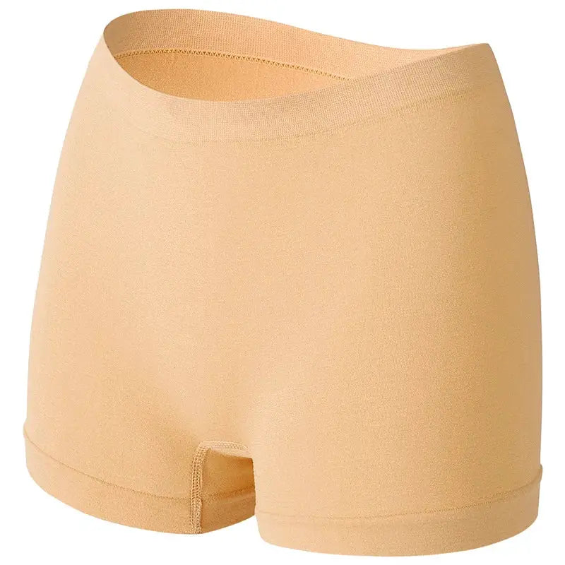 Women's seamless nude beige boyshort panties, anti-chafing underwear with soft stretchy fabric.