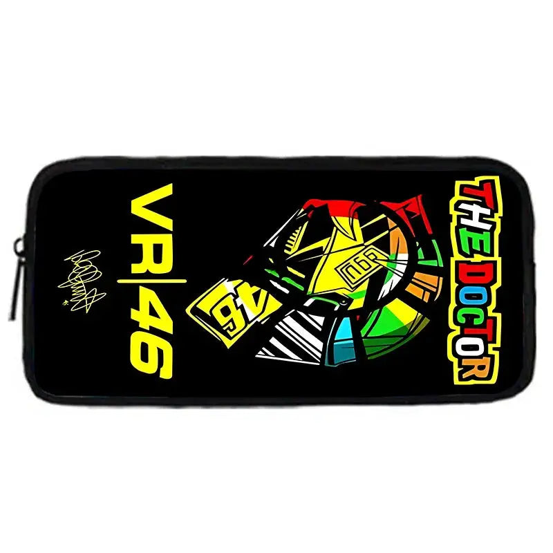 Pencil bag with VR46 The Doctor motorcycle graphic on black background, colorful wheel design