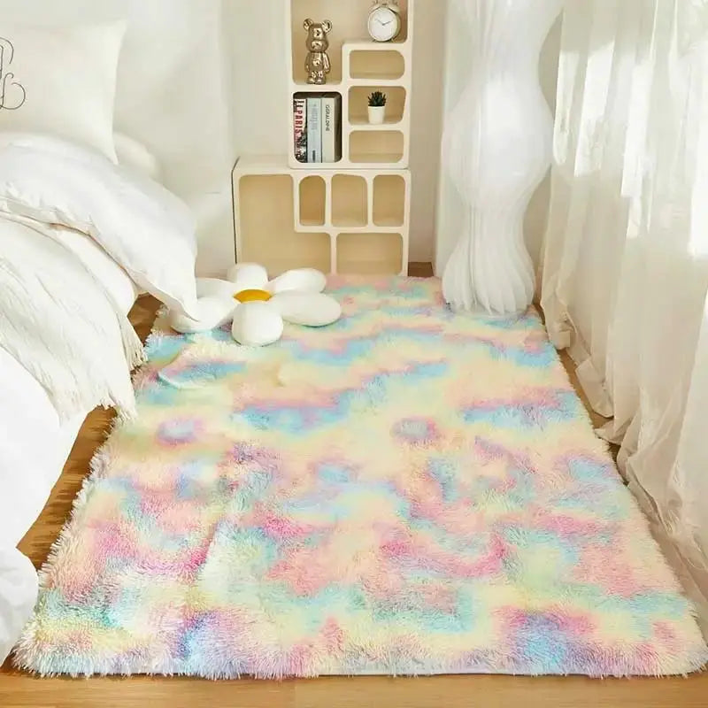 Kids rainbow pastel shag rug by Simples Market; soft fluffy bedroom carpet for kids' room.