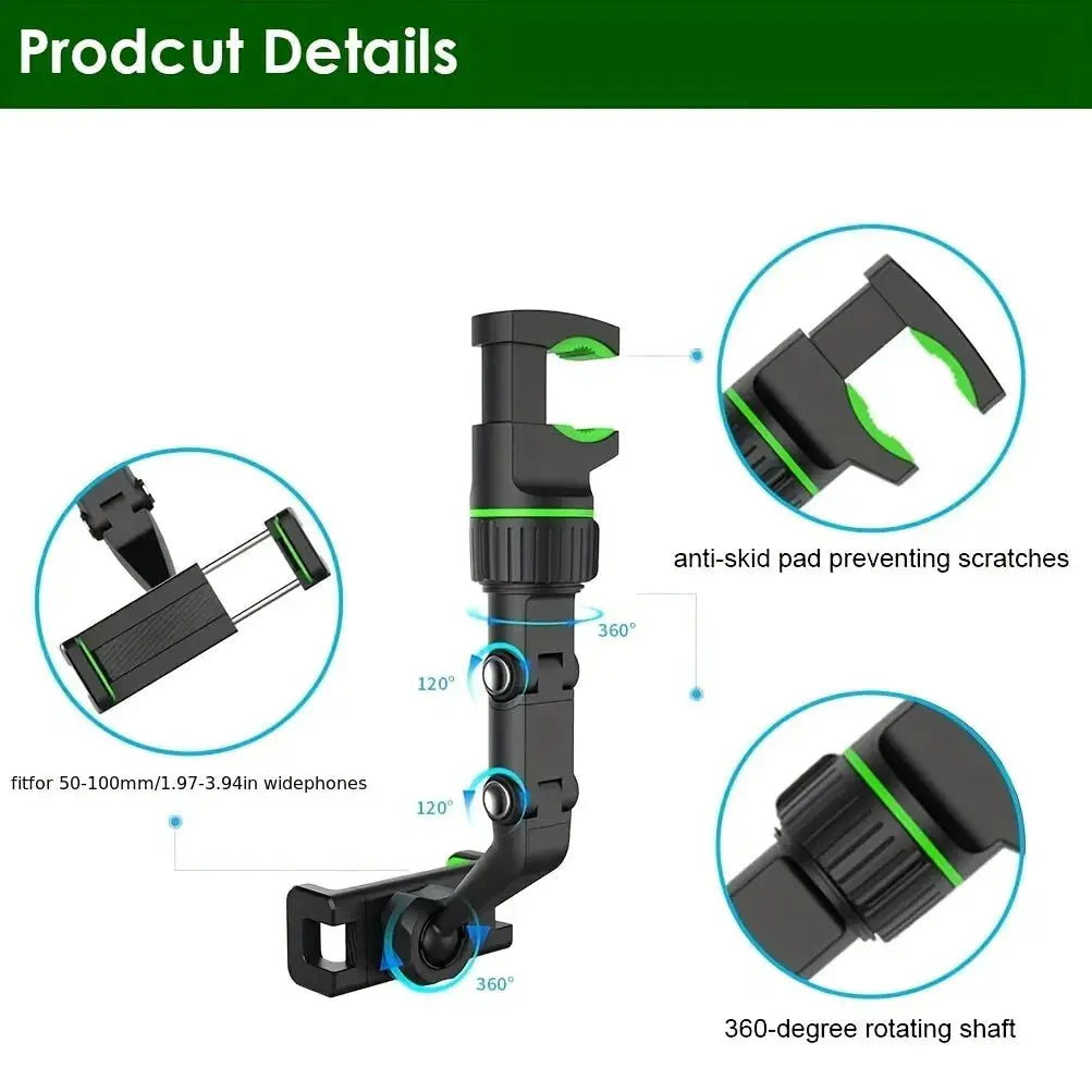 Rearview mirror phone holder, black with green accents; 360° rotatable and retractable car mount