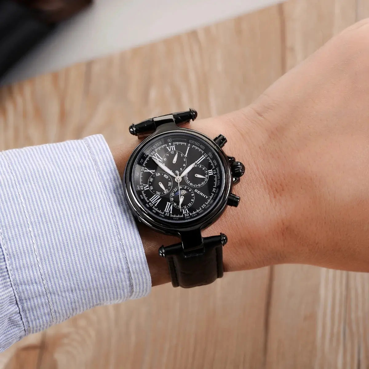 BERNY retro automatic men's watch with black dial, sun and moon phase, black leather strap