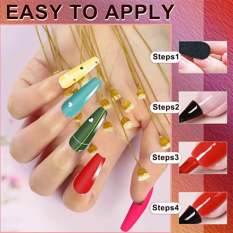 Gel nail polish set, 28-piece with glass bottles; glossy red, pink, teal, green shades and easy-step application.