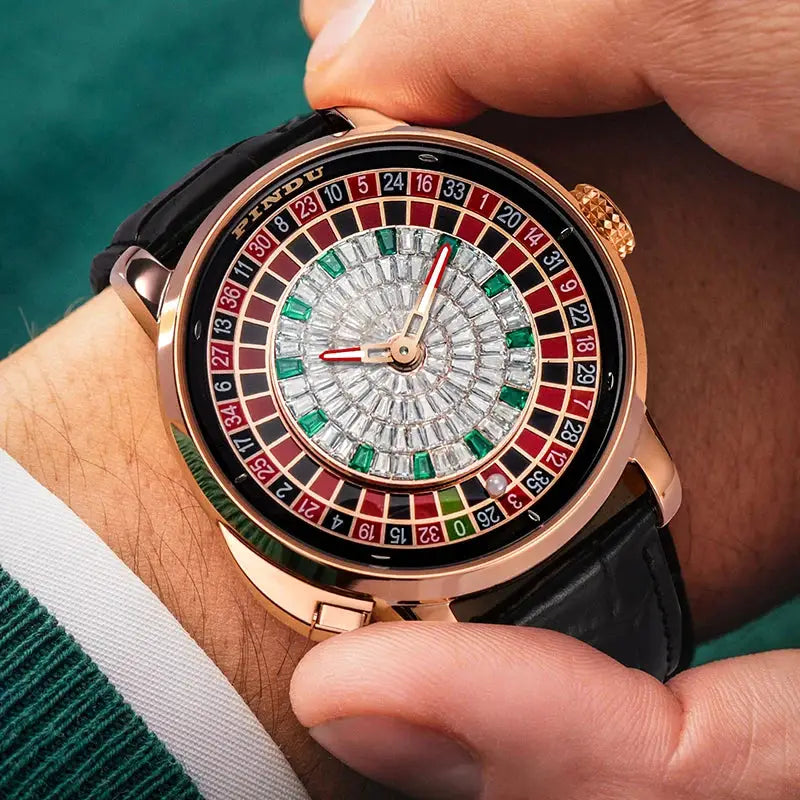 PINDU NH35A mechanical men's watch with roulette-style diamond dial, rose-gold case, green accents, Simples Market.