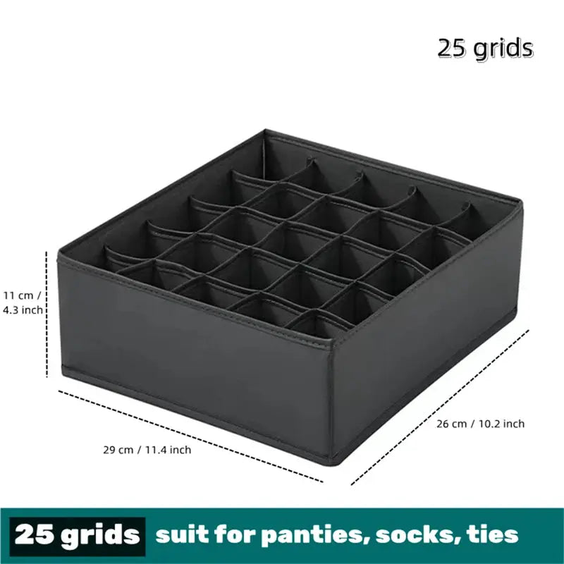 Black 25-grid underwear and sock organizer storage box; drawer-style organizer for lingerie, bras, socks.