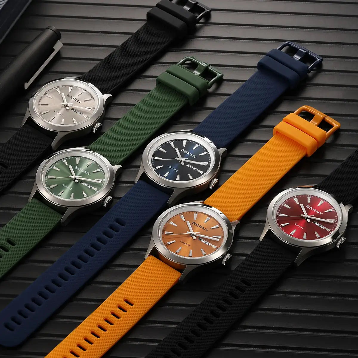 Six BERNY men’s quartz watches with stainless steel cases and silicone straps in assorted colors, luminous dials.