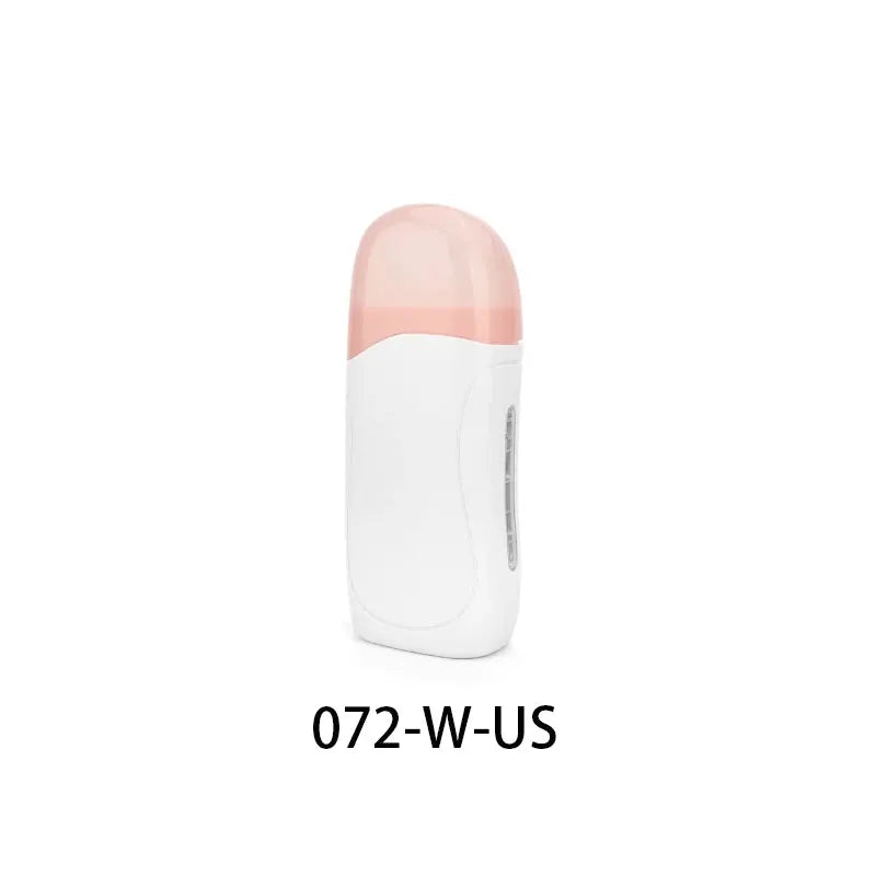 Unisex roll-on depilatory wax heater; white handheld device with pink translucent cap