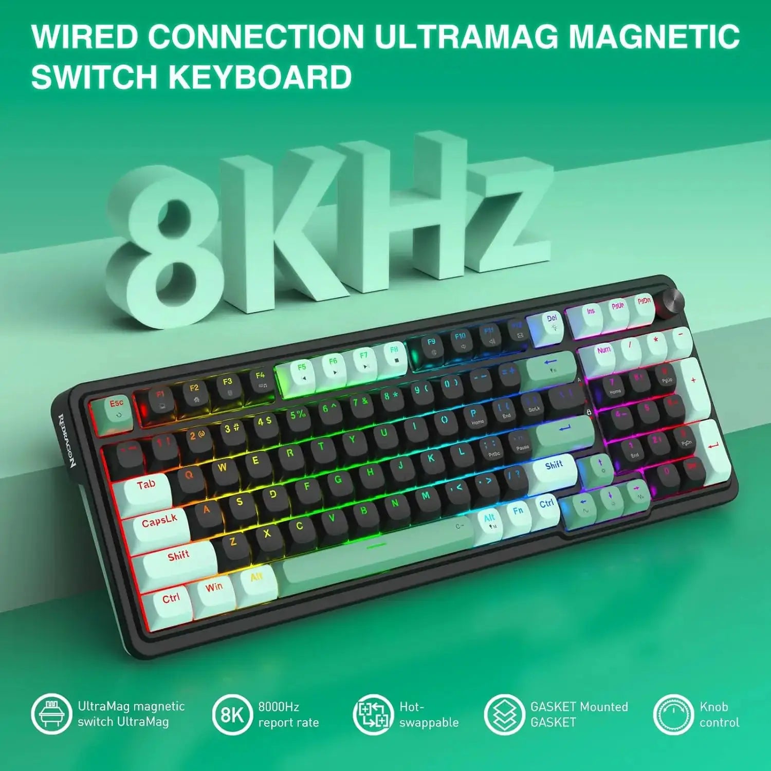 Redragon wired mechanical gaming keyboard with 98 keys, rainbow RGB lighting, and a top-right knob.