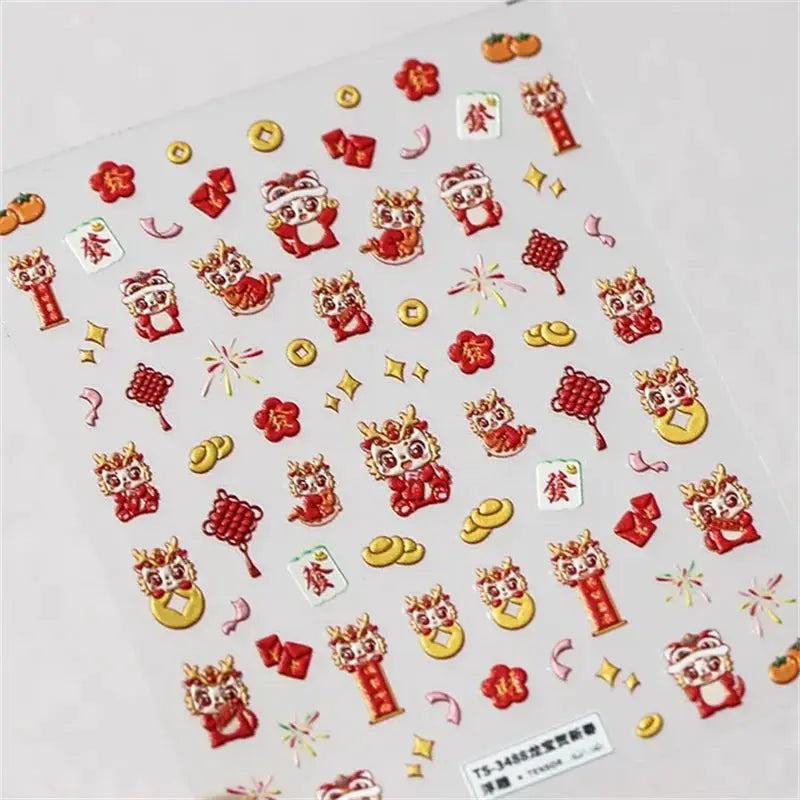 1-sheet of 5D kawaii jellyfish nail art stickers for DIY manicure, red and gold