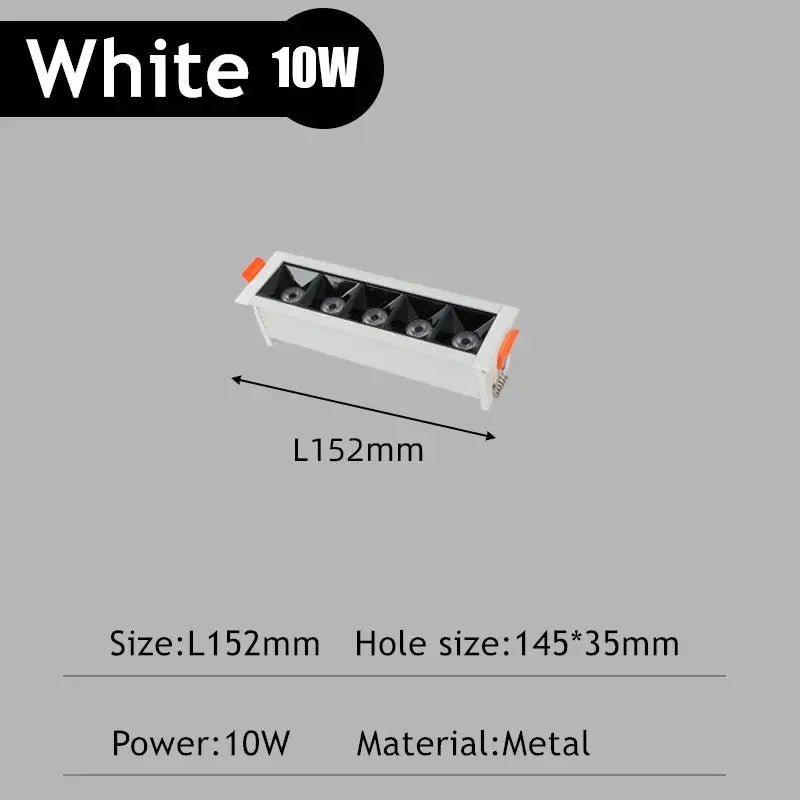 LED recessed rectangle downlight, white 10W, metal grille, 152mm length by Simples Market.