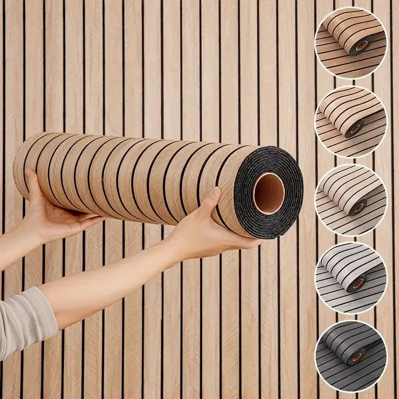 Simples Market 3D wood-grille wallpaper roll; self-adhesive, waterproof wall panel sticker in beige with black stripes.